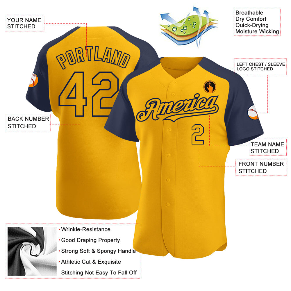 Custom Gold Navy Authentic Raglan Sleeves Baseball Jersey