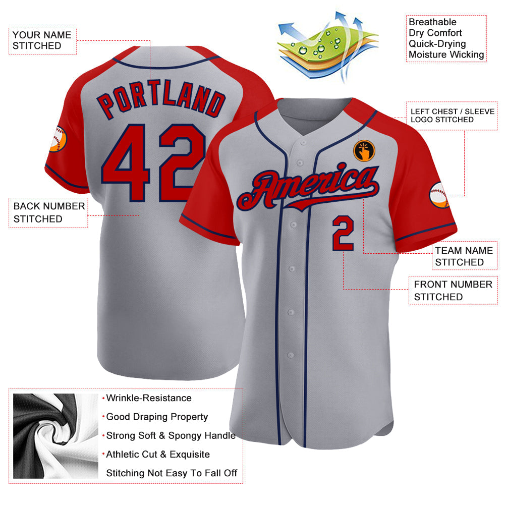 Custom Gray Red-Navy Authentic Raglan Sleeves Baseball Jersey