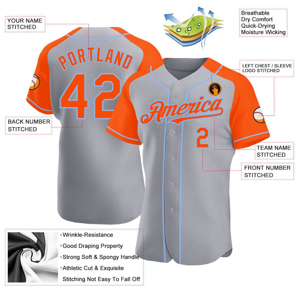 Custom Gray Orange-Light Blue Authentic Raglan Sleeves Baseball Jersey