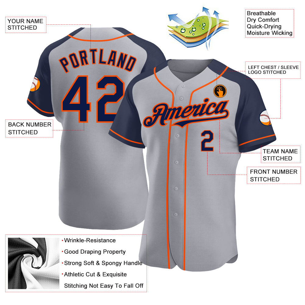Custom Gray Navy-Orange Authentic Raglan Sleeves Baseball Jersey