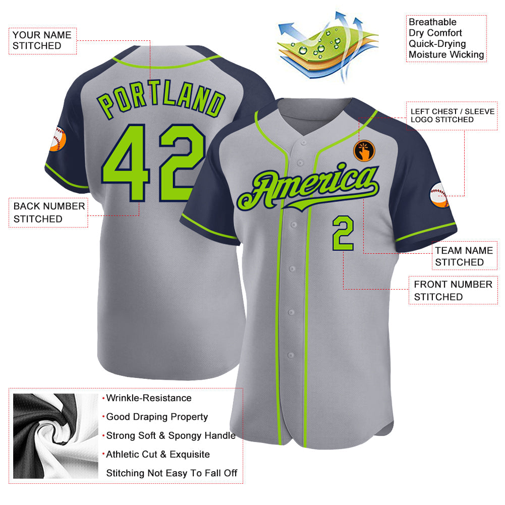Custom Gray Neon Green-Navy Authentic Raglan Sleeves Baseball Jersey
