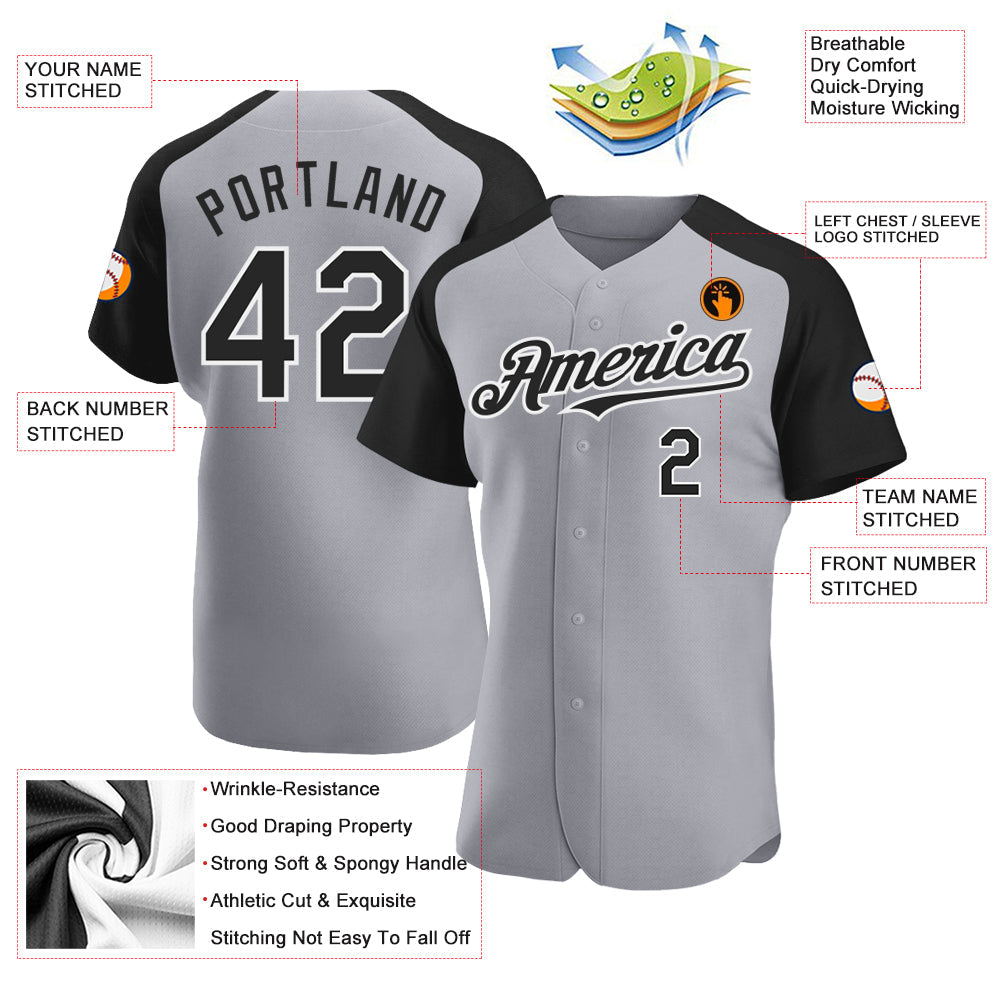 Custom Gray Black-White Authentic Raglan Sleeves Baseball Jersey