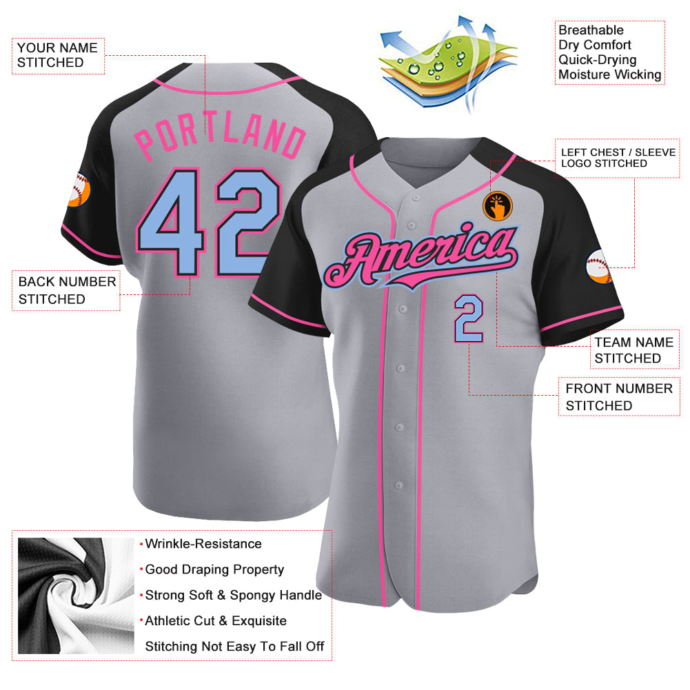 Custom Gray Light Blue Black-Pink Authentic Raglan Sleeves Baseball Jersey