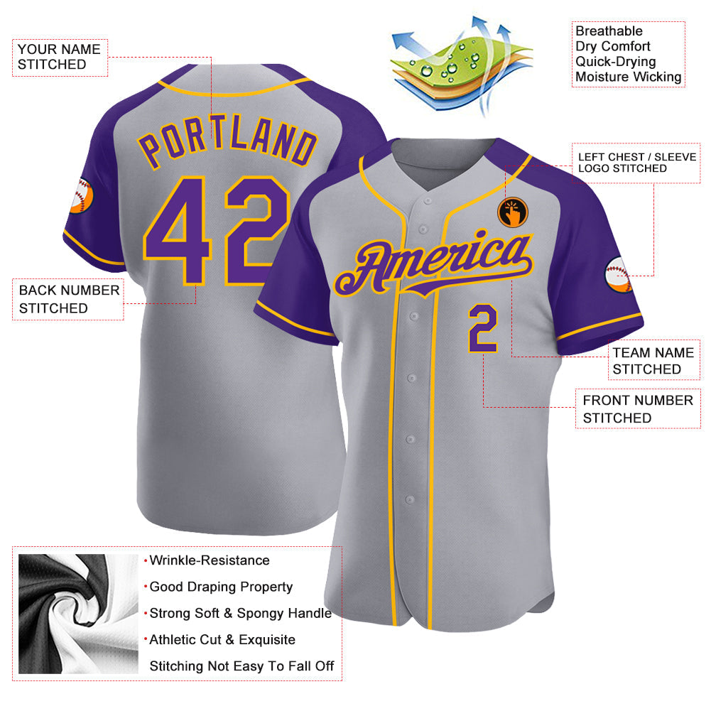 Custom Gray Purple-Gold Authentic Raglan Sleeves Baseball Jersey
