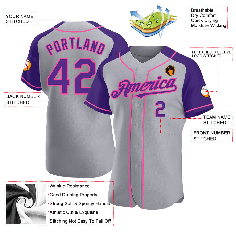 Custom Gray Purple-Pink Authentic Raglan Sleeves Baseball Jersey