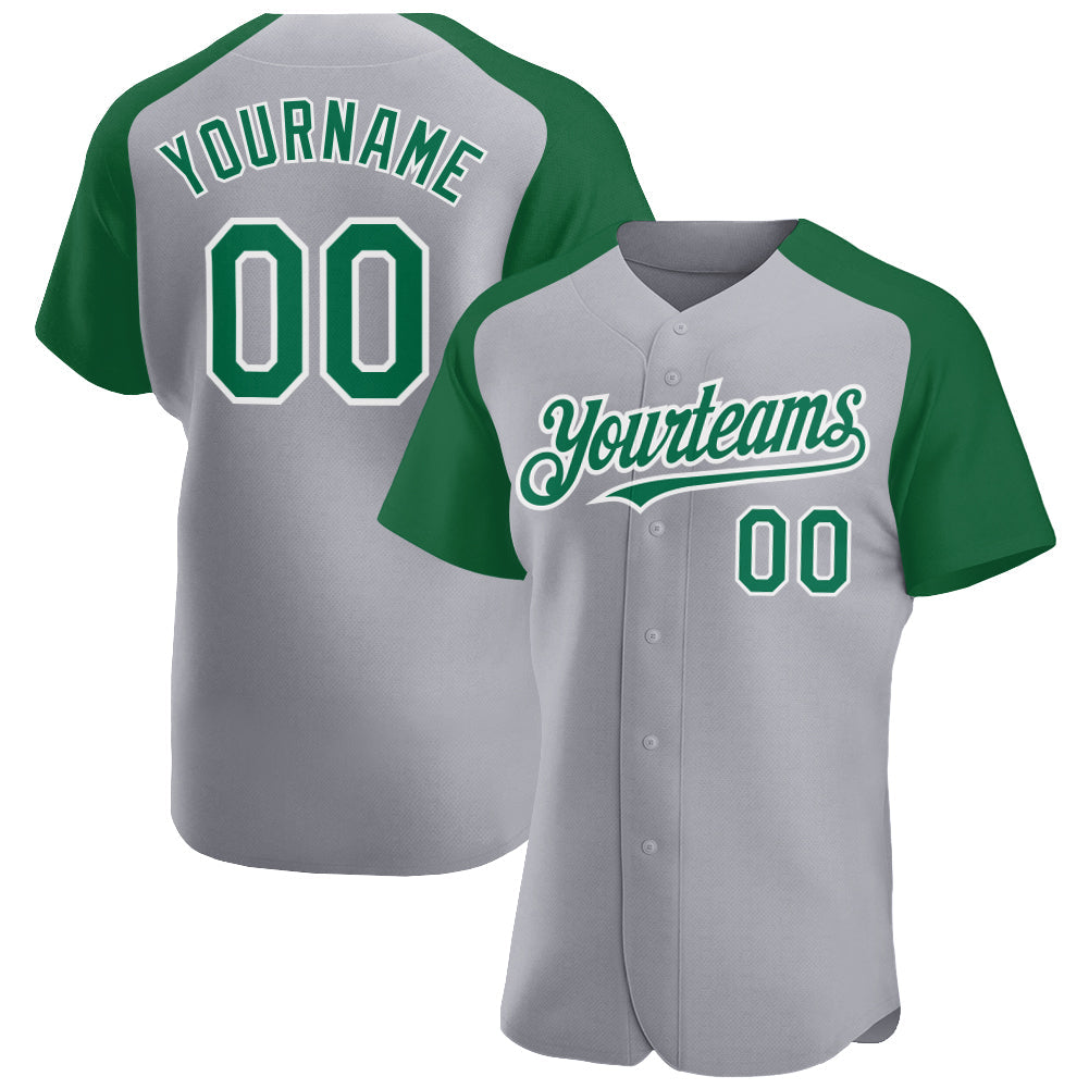 Custom Gray Kelly Green-White Authentic Raglan Sleeves Baseball Jersey