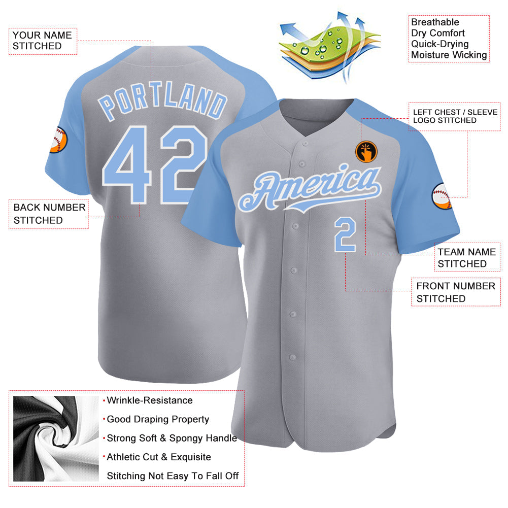 Custom Gray Light Blue-White Authentic Raglan Sleeves Baseball Jersey