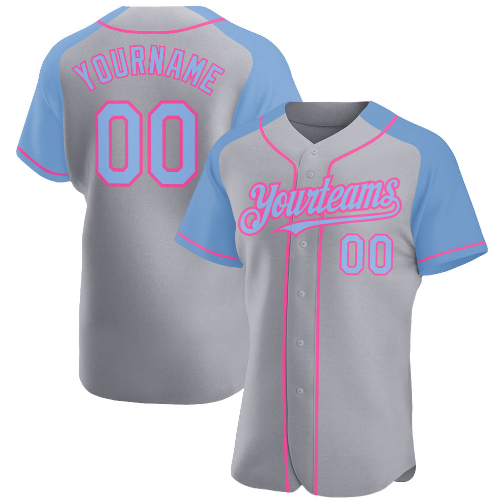 Custom Gray Light Blue-Pink Authentic Raglan Sleeves Baseball Jersey