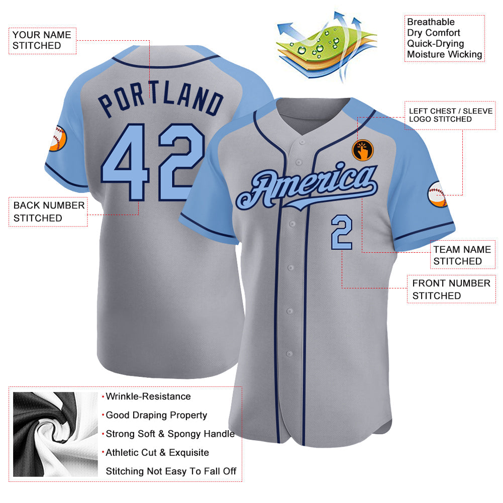 Custom Gray Light Blue-Navy Authentic Raglan Sleeves Baseball Jersey