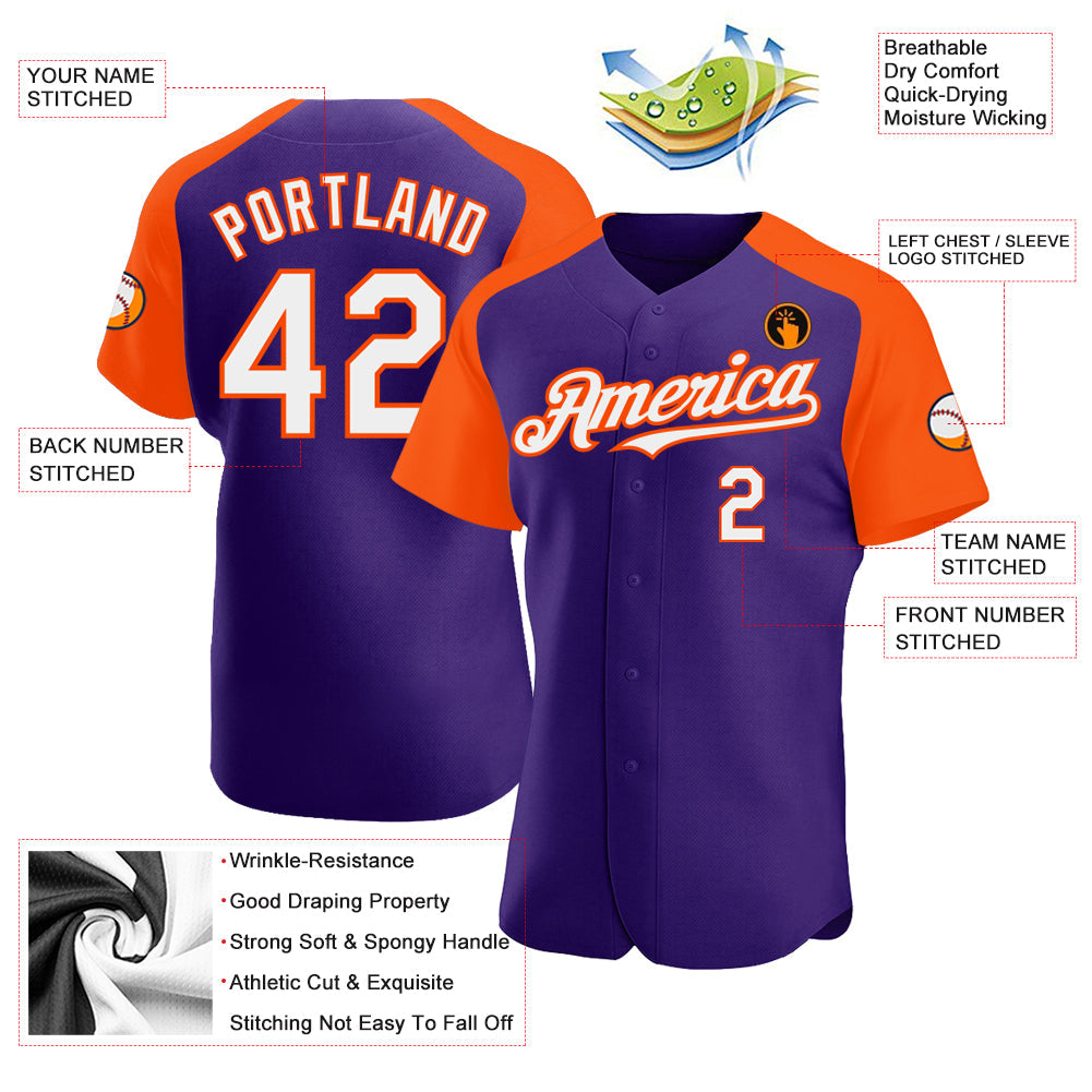Custom Purple White-Orange Authentic Raglan Sleeves Baseball Jersey