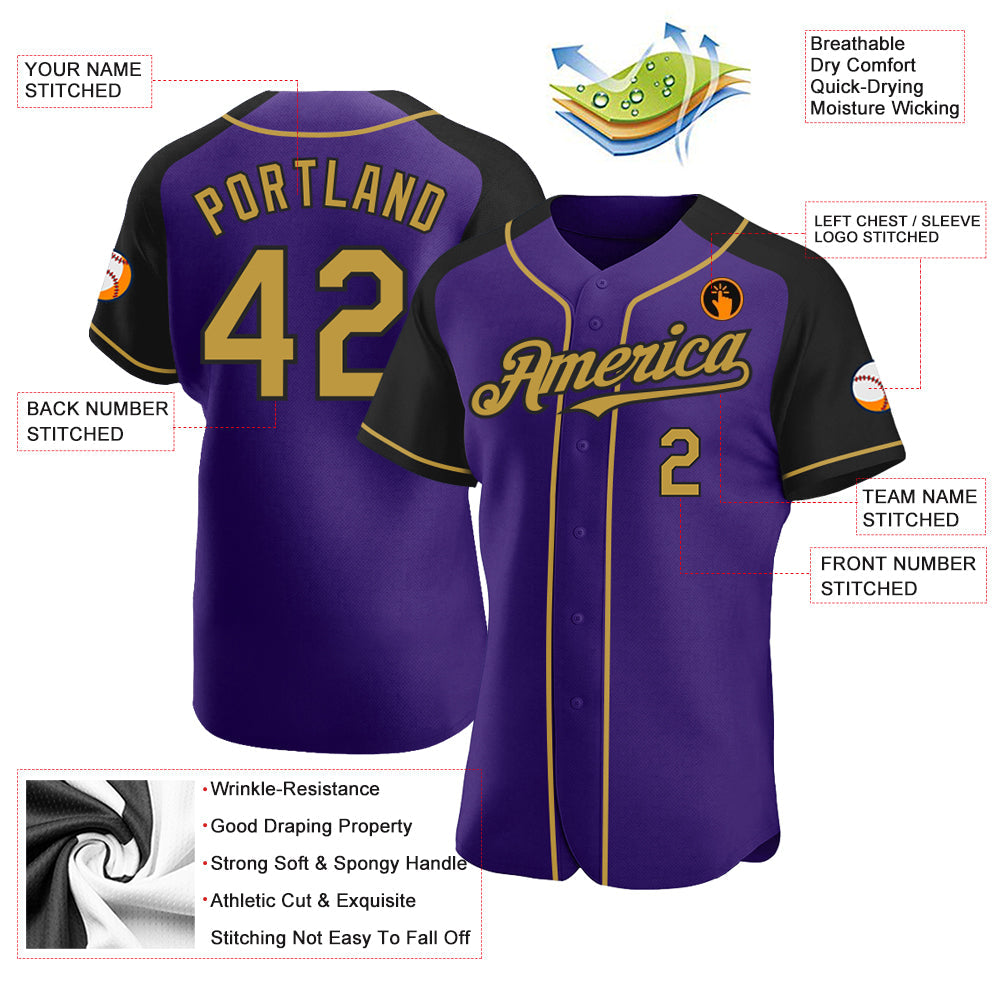 Custom Purple Old Gold-Black Authentic Raglan Sleeves Baseball Jersey