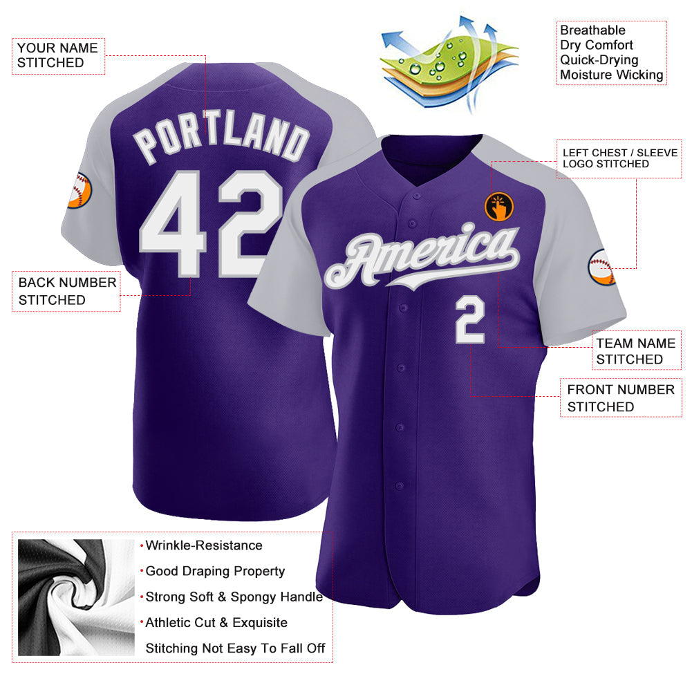 Custom Purple White-Gray Authentic Raglan Sleeves Baseball Jersey