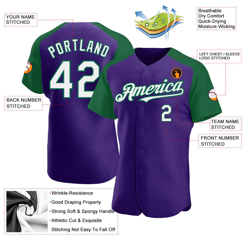 Custom Purple White-Kelly Green Authentic Raglan Sleeves Baseball Jersey