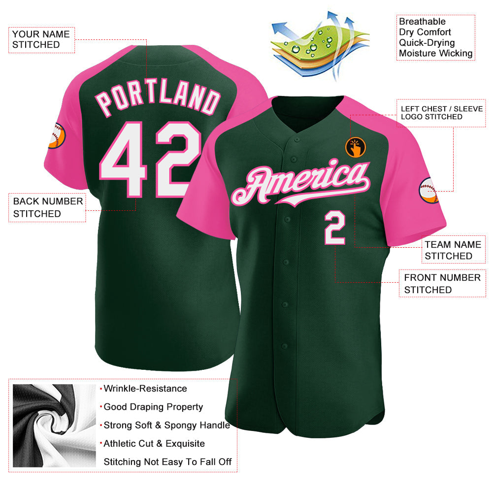 Custom Green White-Pink Authentic Raglan Sleeves Baseball Jersey