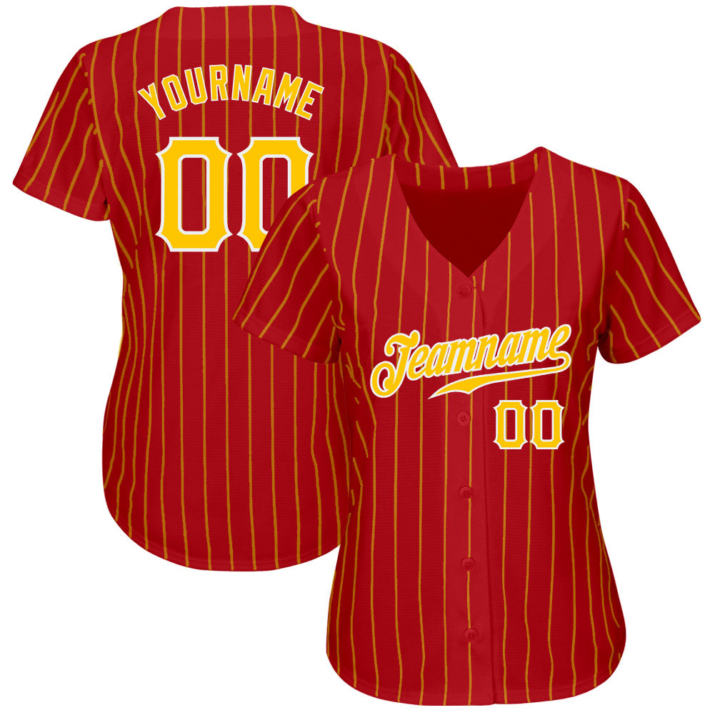 Custom Red Gold Pinstripe Gold-White Authentic Baseball Jersey