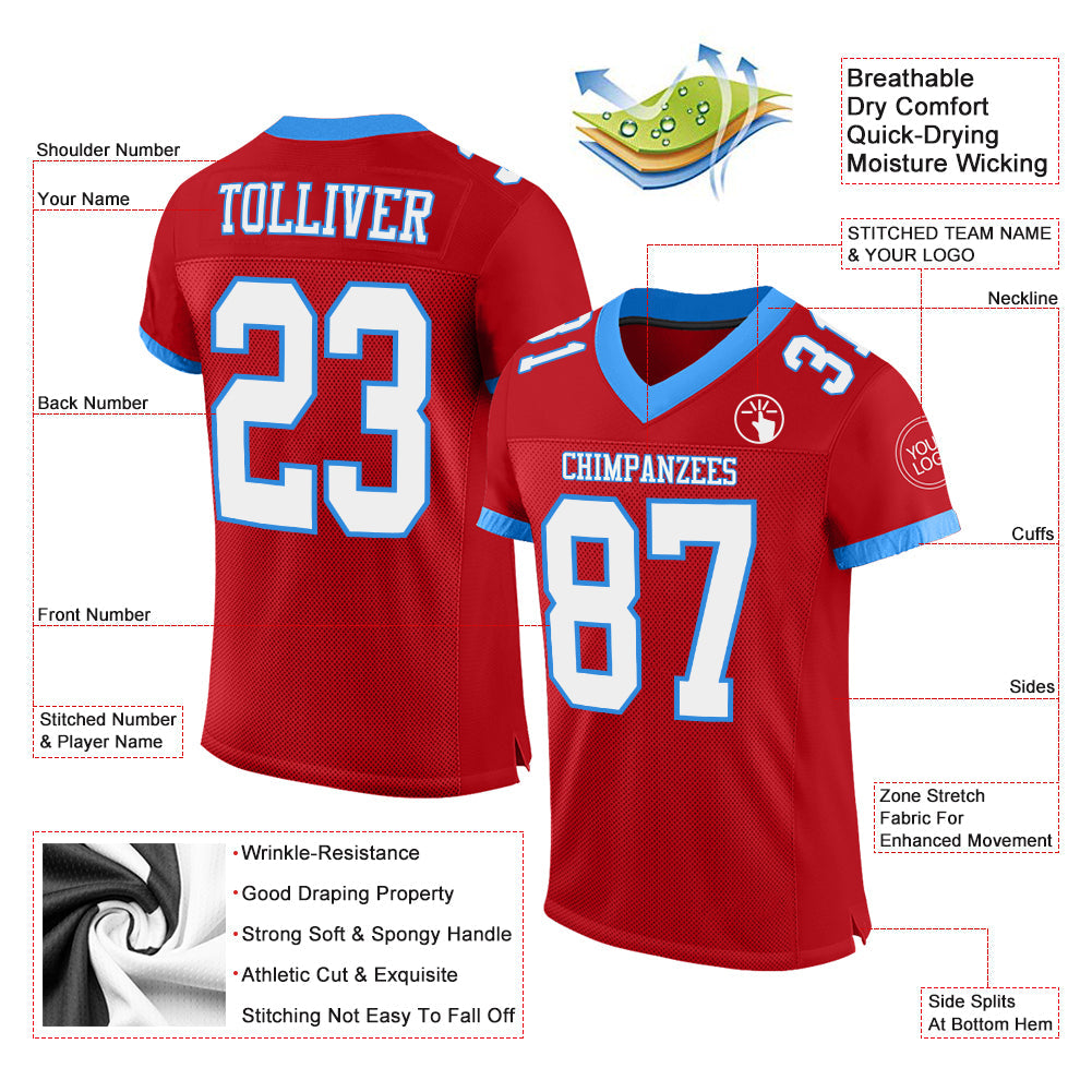 Custom Red White-Electric Blue Mesh Authentic Football Jersey