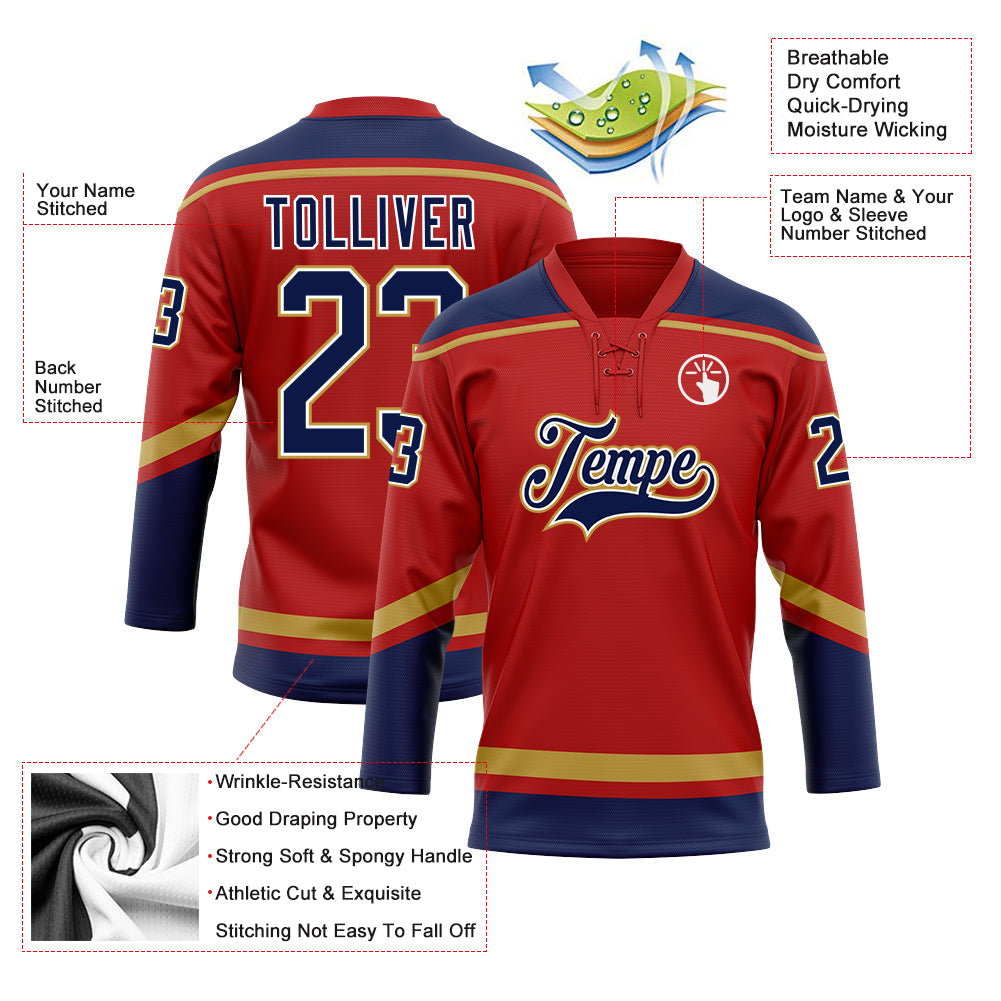 Custom Red Navy-Old Gold Hockey Lace Neck Jersey