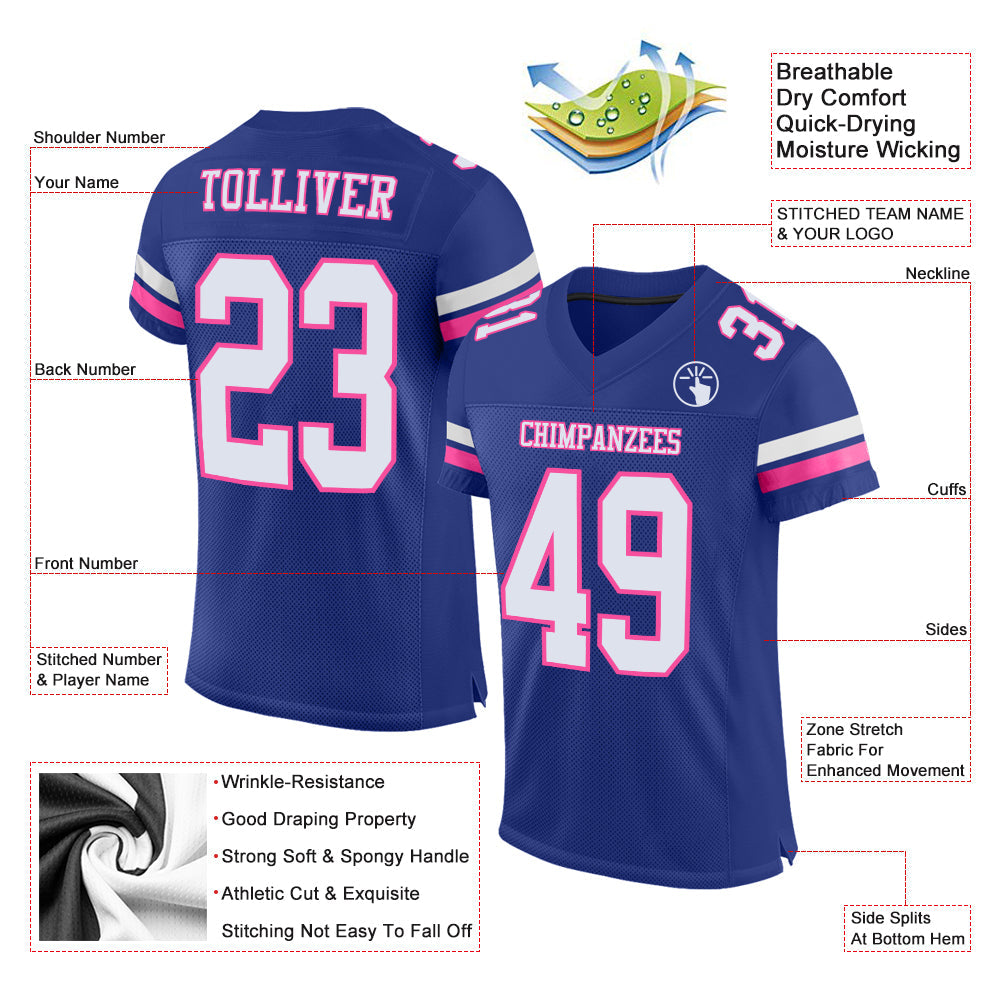 Custom Royal White-Pink Mesh Authentic Football Jersey