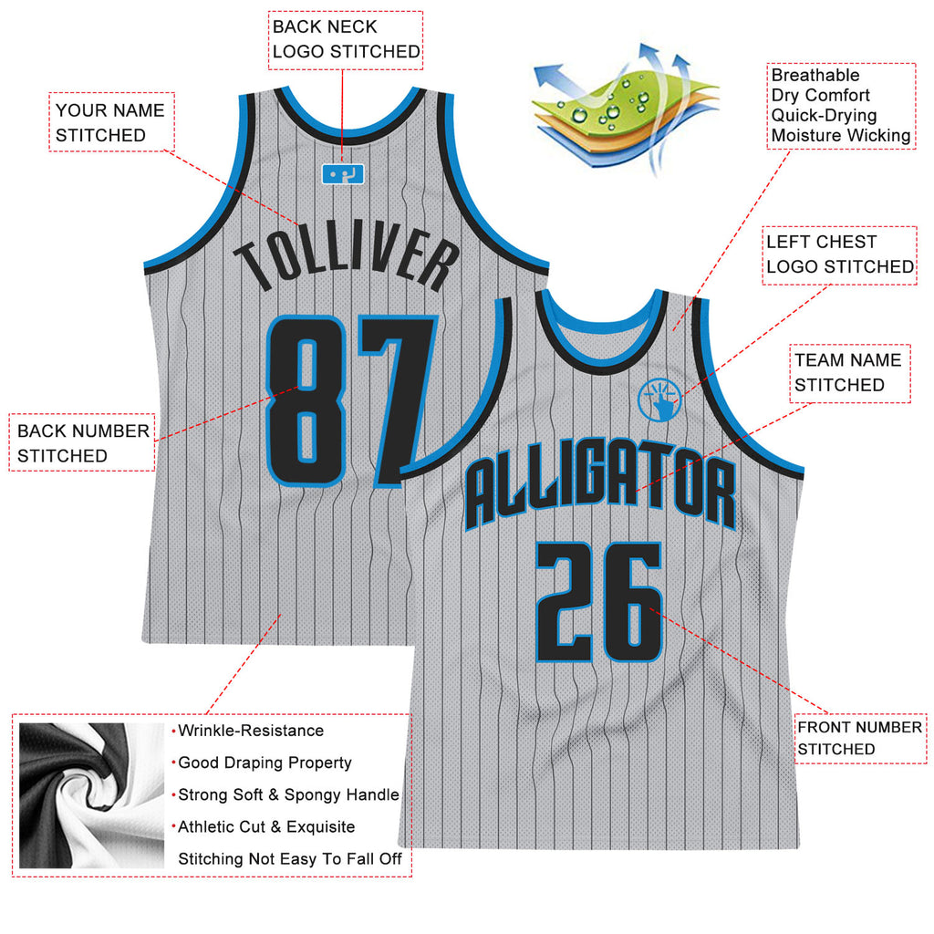 Custom Gray Black Pinstripe Black-Blue Authentic Throwback Basketball Jersey