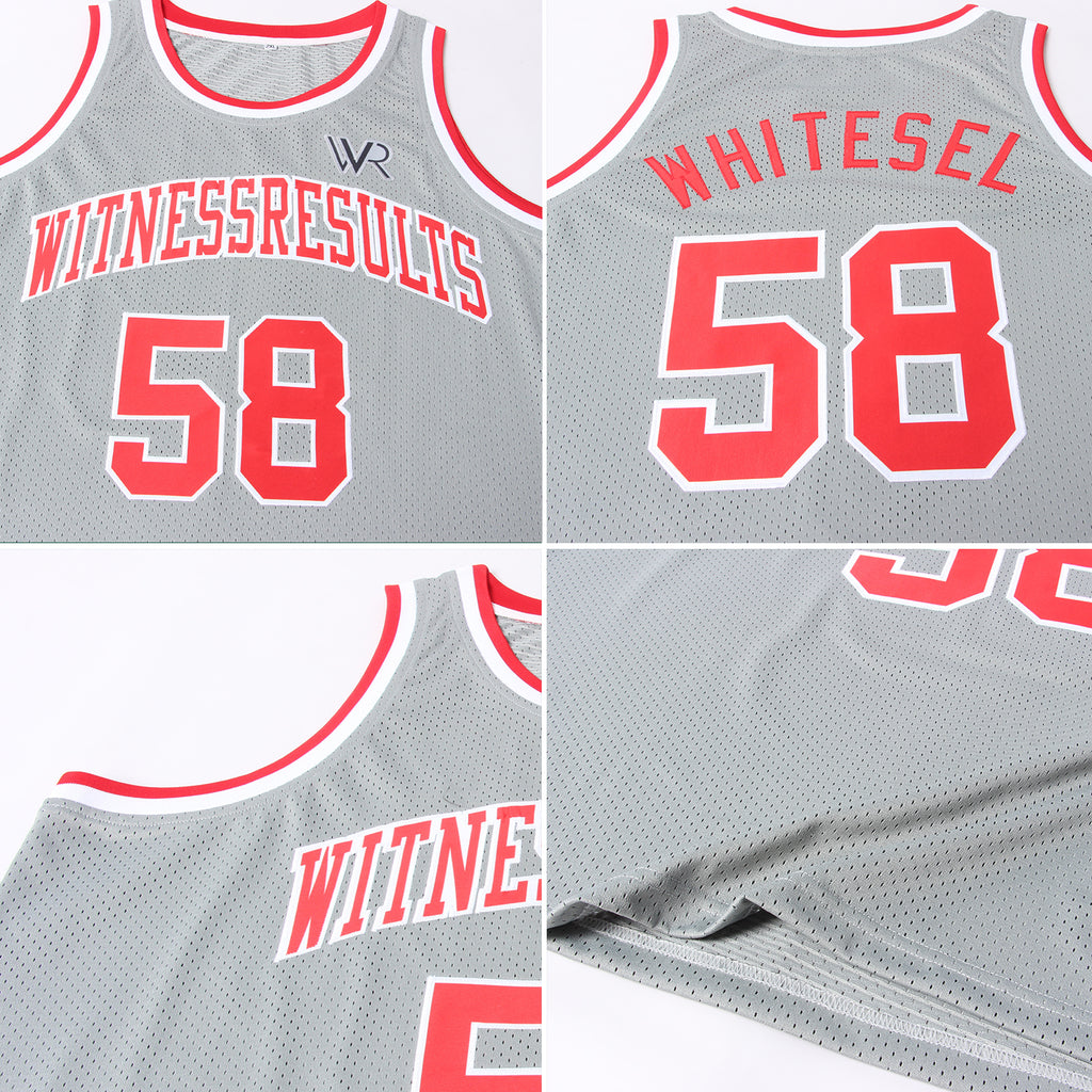 Custom Gray Red-White Authentic Throwback Basketball Jersey