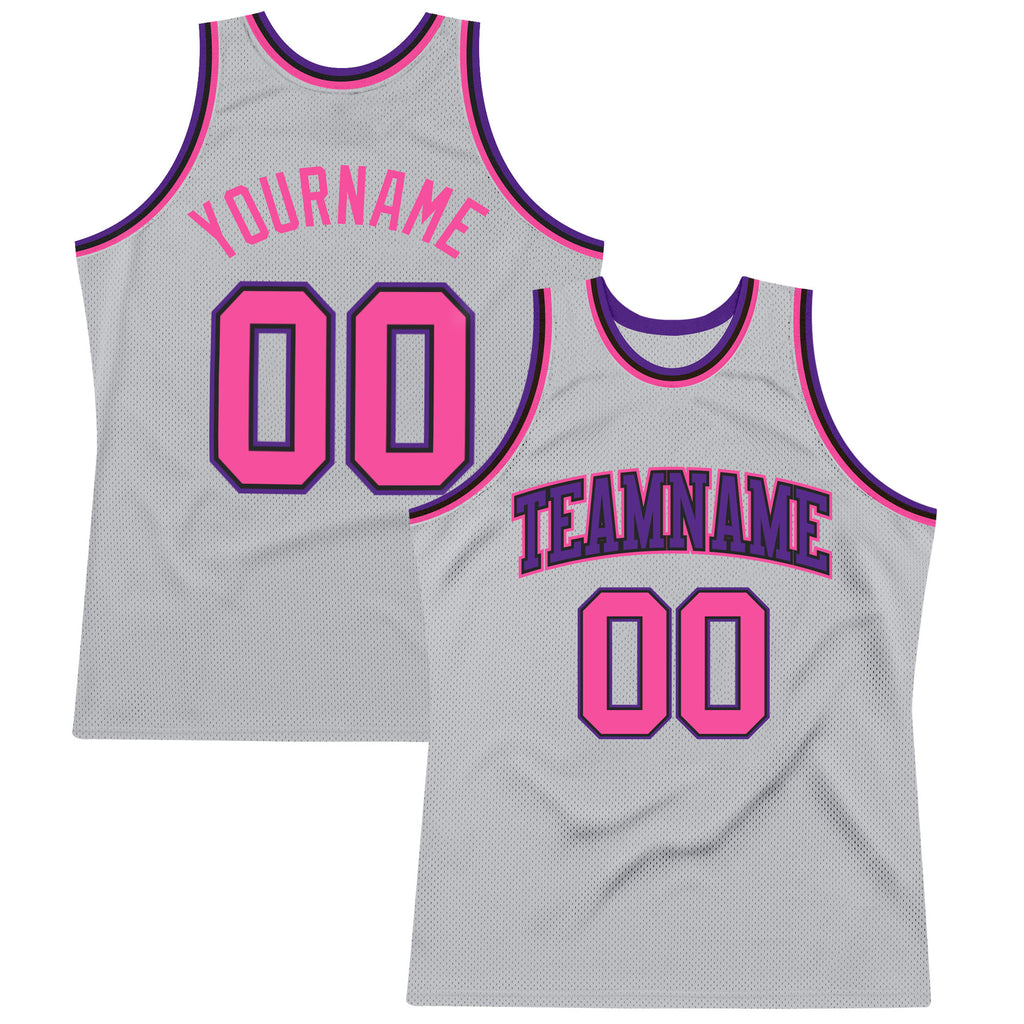 Custom Gray Pink Black-Purple Authentic Throwback Basketball Jersey