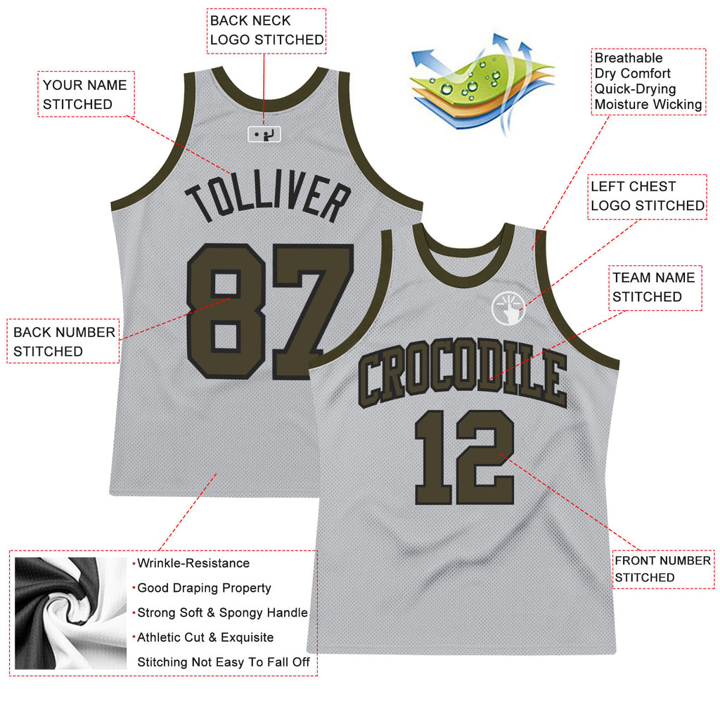 Custom Gray Olive-Black Authentic Throwback Basketball Jersey