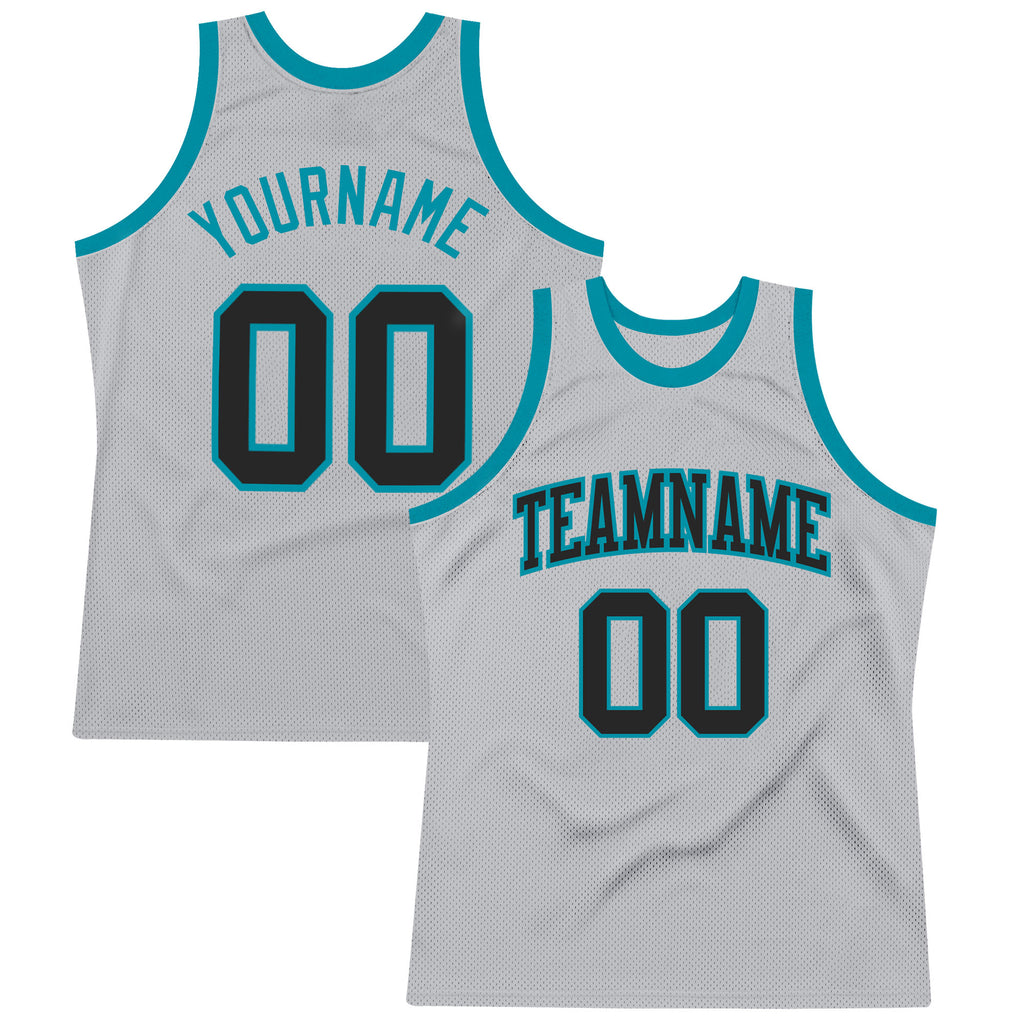 Custom Gray Black-Teal Authentic Throwback Basketball Jersey