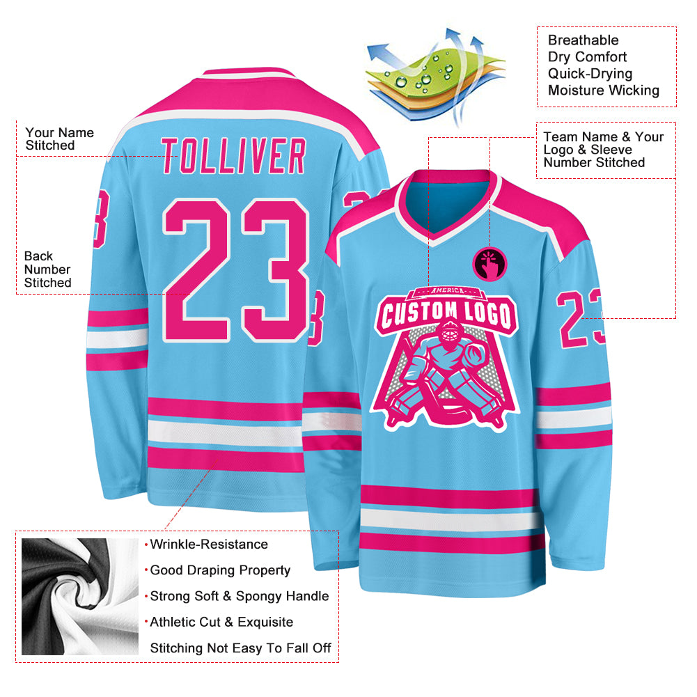 Custom Sky Blue Hot Pink-White Hockey Jersey