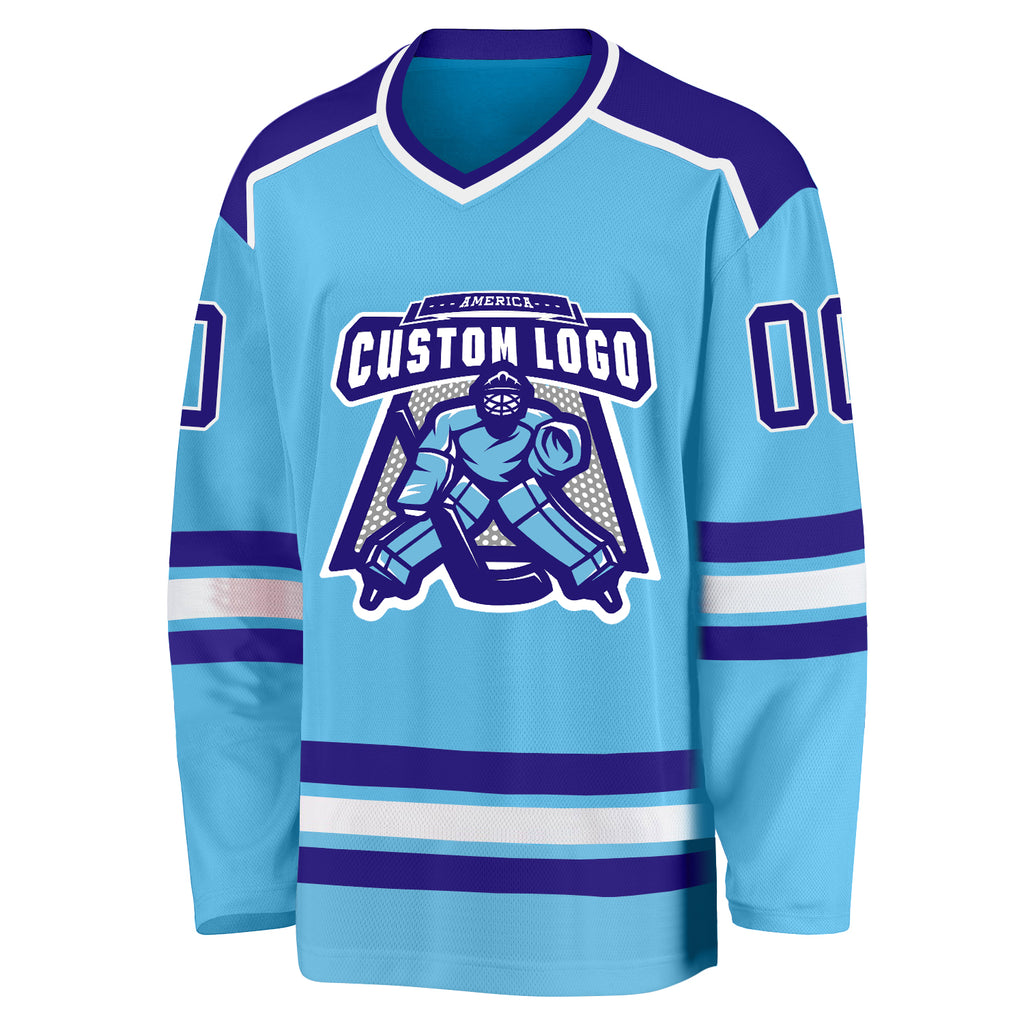 Custom Sky Blue Purple-White Hockey Jersey
