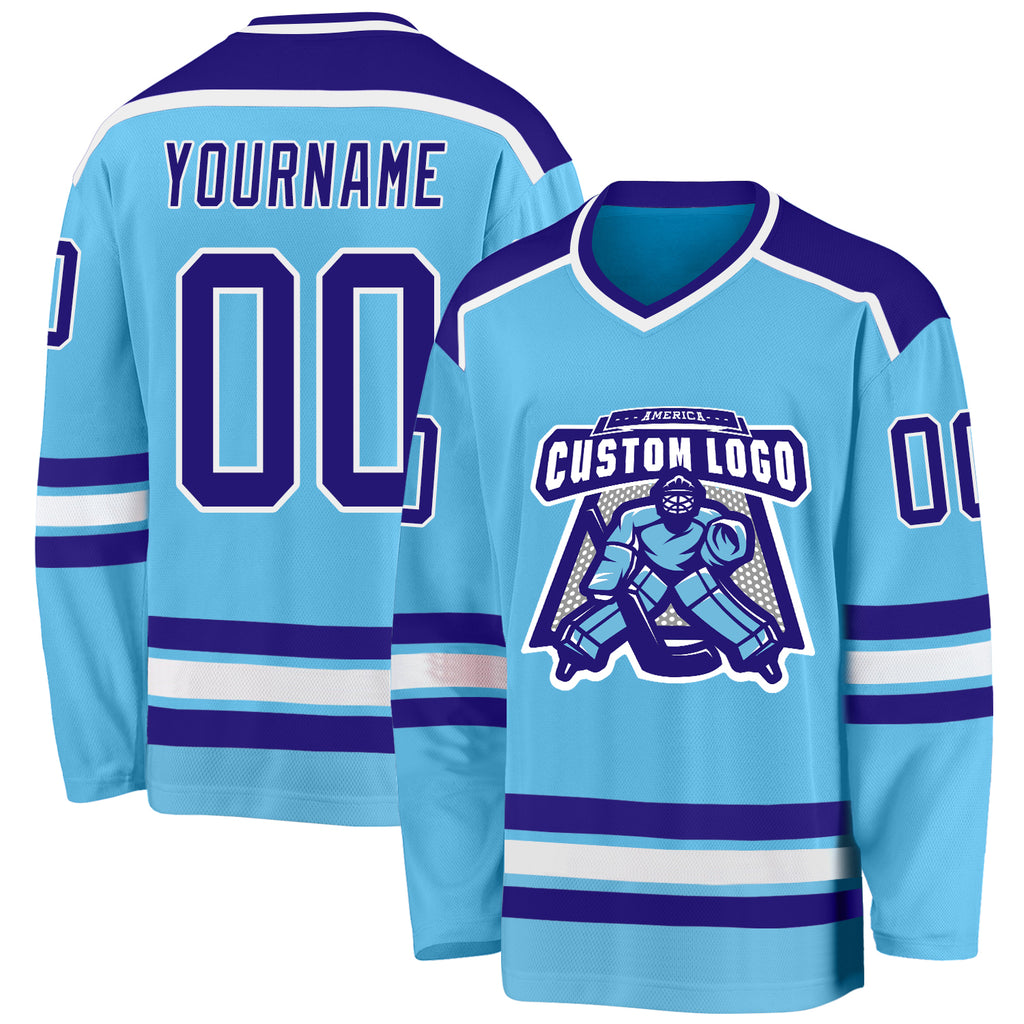Custom Sky Blue Dark Purple-White Hockey Jersey