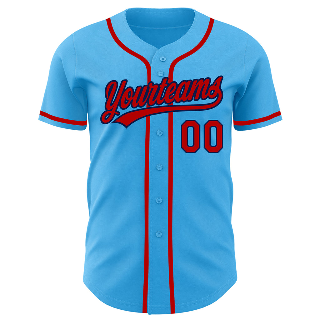 Custom Sky Blue Red-Navy Authentic Baseball Jersey