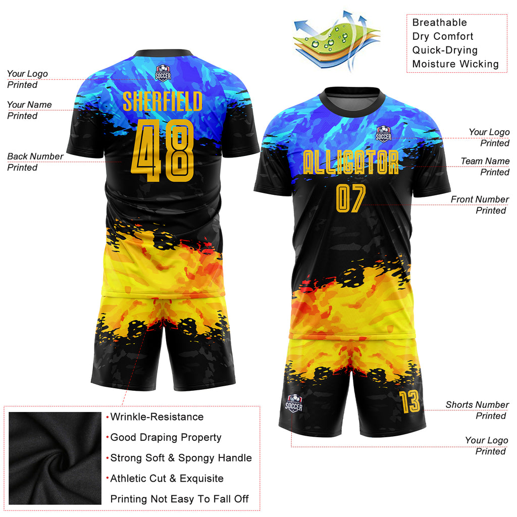 Custom Figure Gold-Royal Sublimation Soccer Uniform Jersey