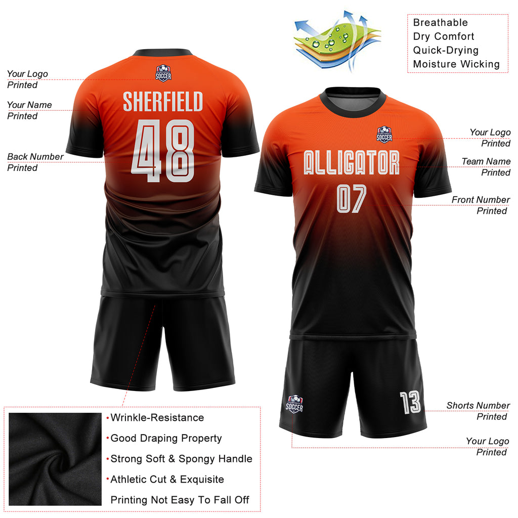 Custom Orange White-Black Sublimation Fade Fashion Soccer Uniform Jersey