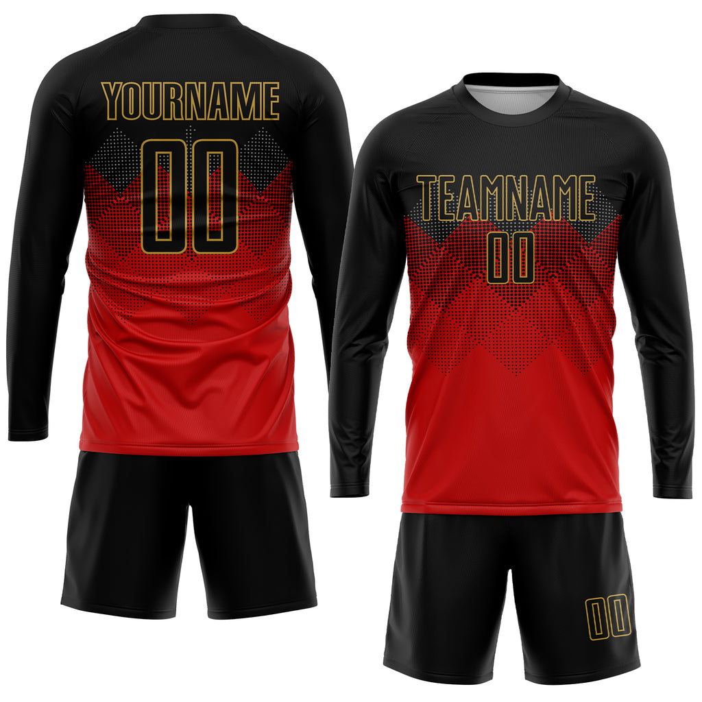 Custom Red Black-Old Gold Sublimation Soccer Uniform Jersey