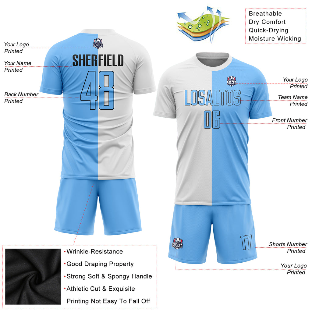 Custom White Light Blue-Black Sublimation Split Fashion Soccer Uniform Jersey