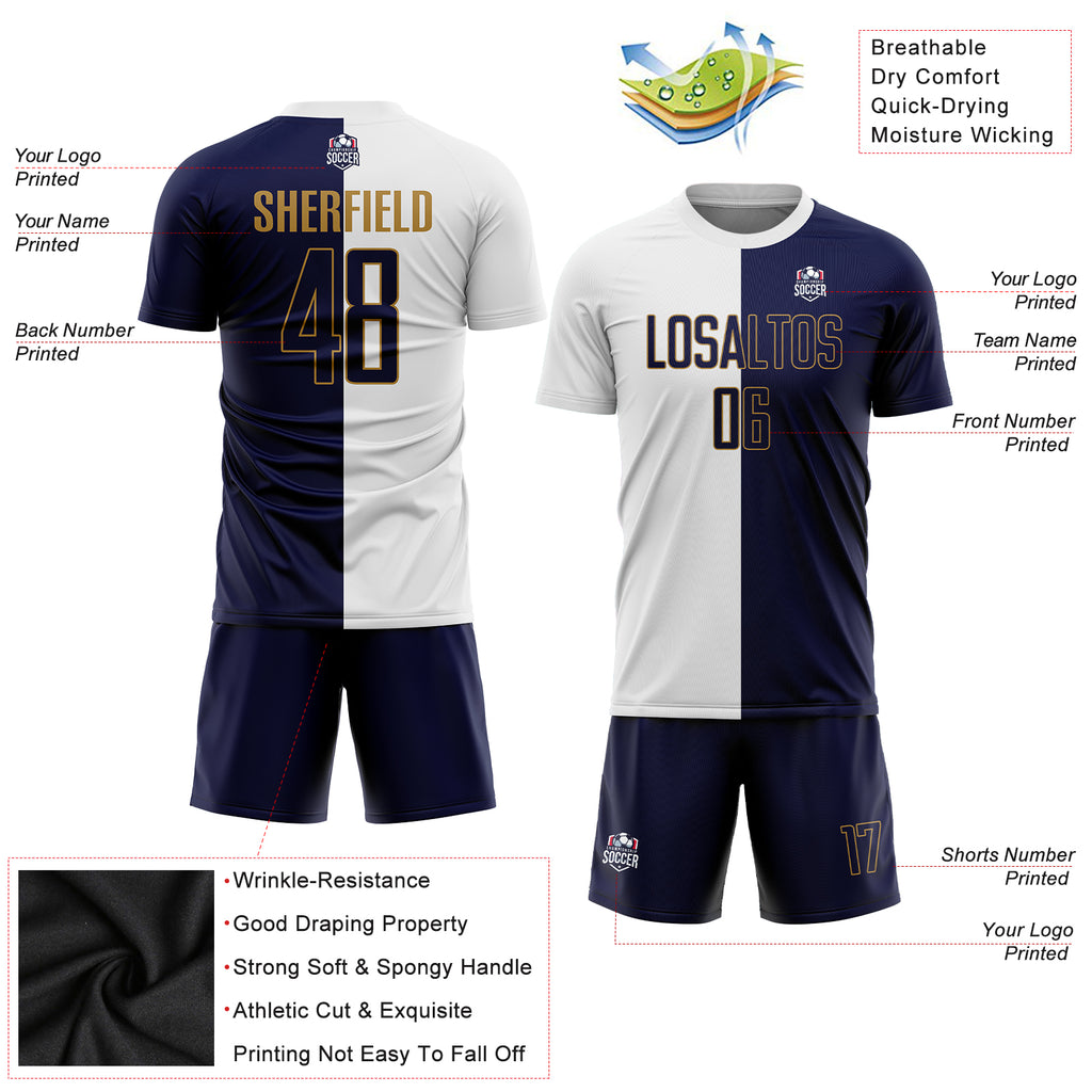 Custom White Navy-Old Gold Sublimation Split Fashion Soccer Uniform Jersey