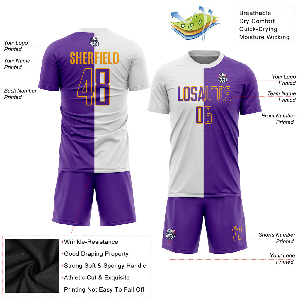 Custom White Purple-Gold Sublimation Split Fashion Soccer Uniform Jersey