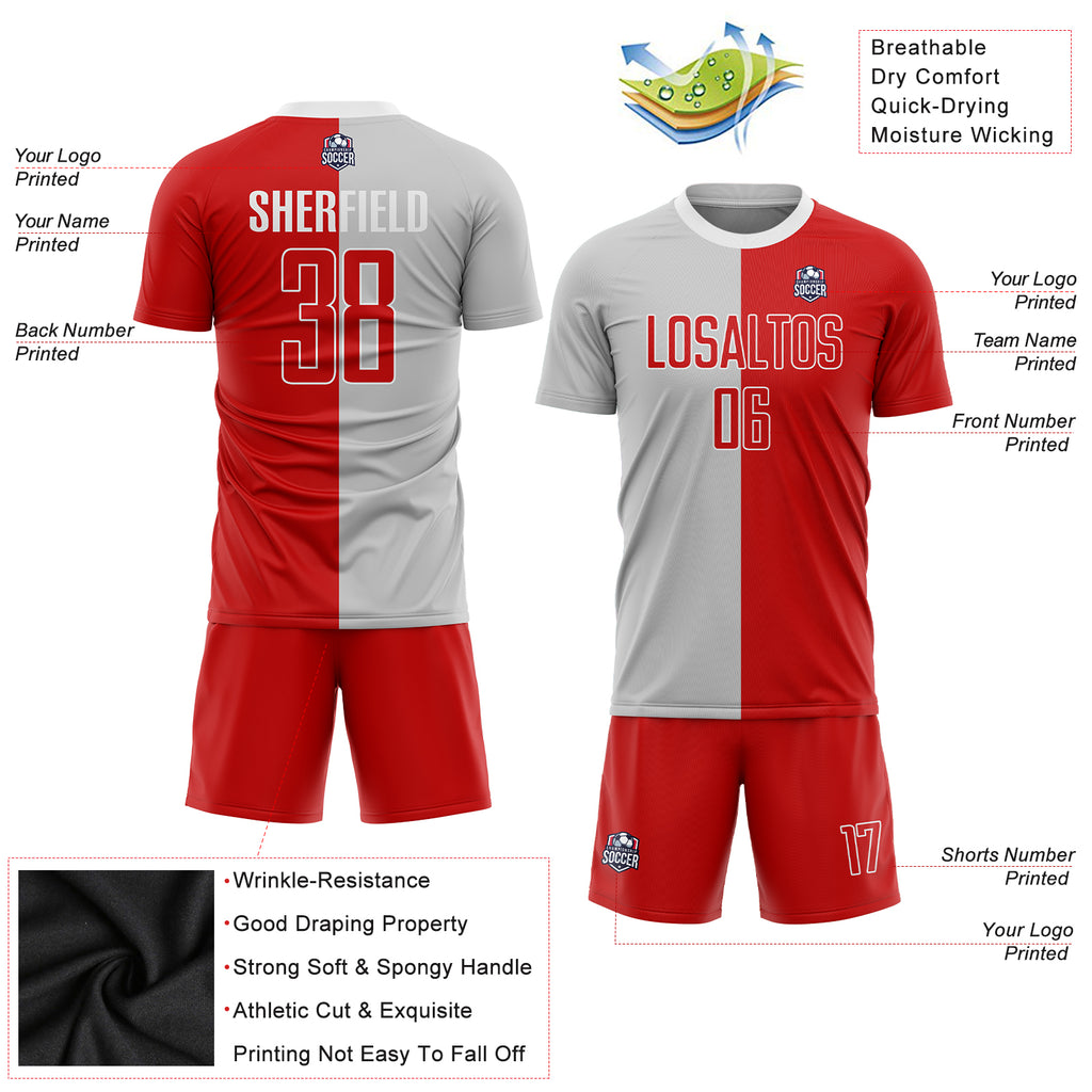 Custom Gray Red-White Sublimation Split Fashion Soccer Uniform Jersey