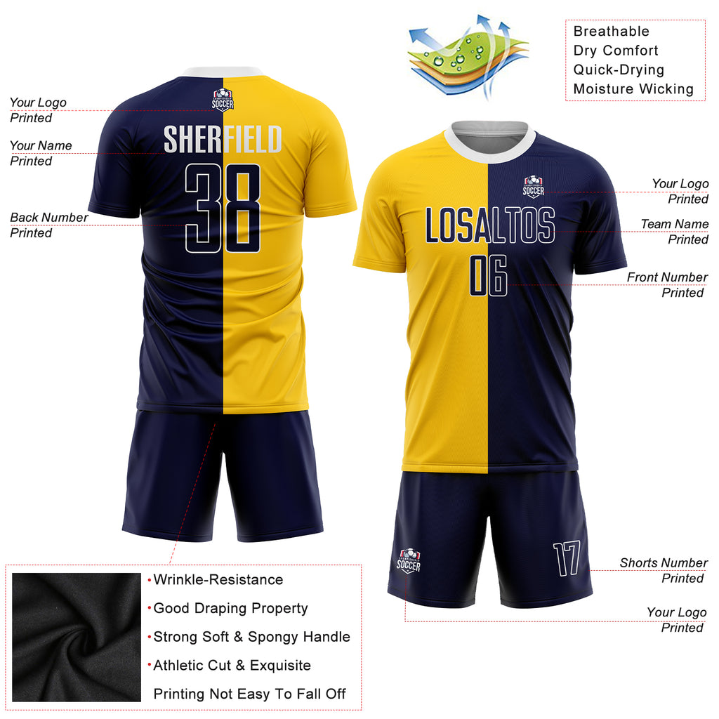 Custom Gold Navy-White Sublimation Split Fashion Soccer Uniform Jersey