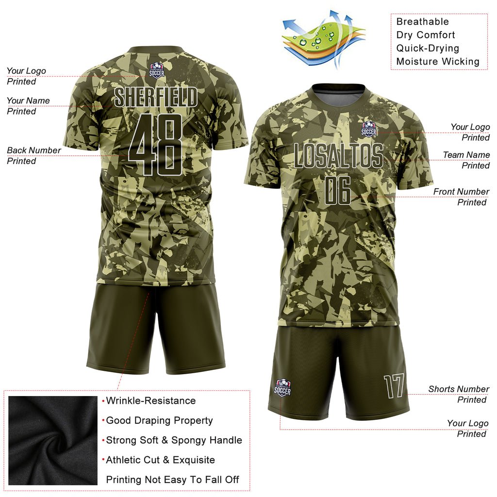 Custom Camo Olive-White Sublimation Salute To Service Soccer Uniform Jersey