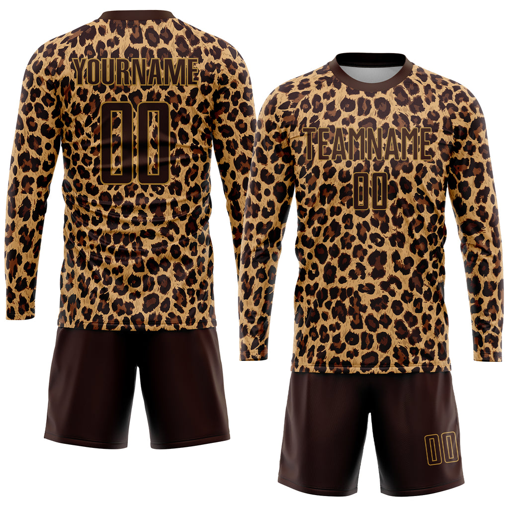 Custom Brown Brown-Old Gold Sublimation Leopard Soccer Uniform Jersey