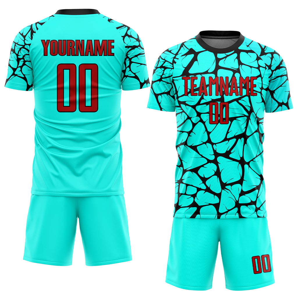 Custom aqua red-black sublimation soccer uniform jersey with free shipping6