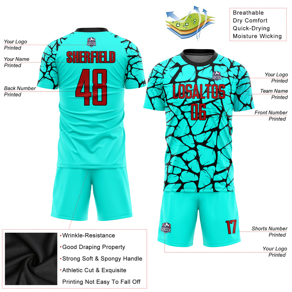 Custom aqua red-black sublimation soccer uniform jersey with free shipping4