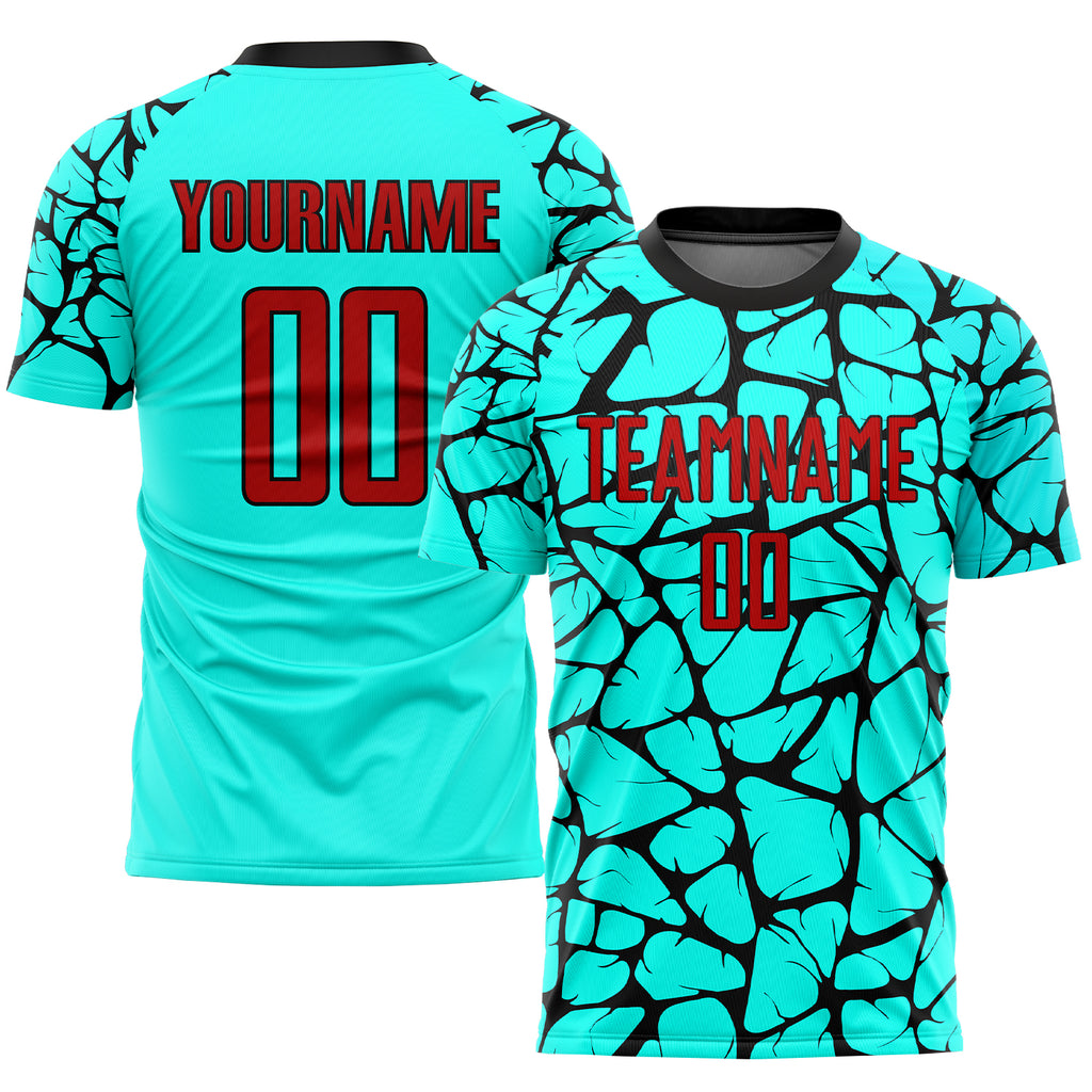 Custom aqua red-black sublimation soccer uniform jersey with free shipping0