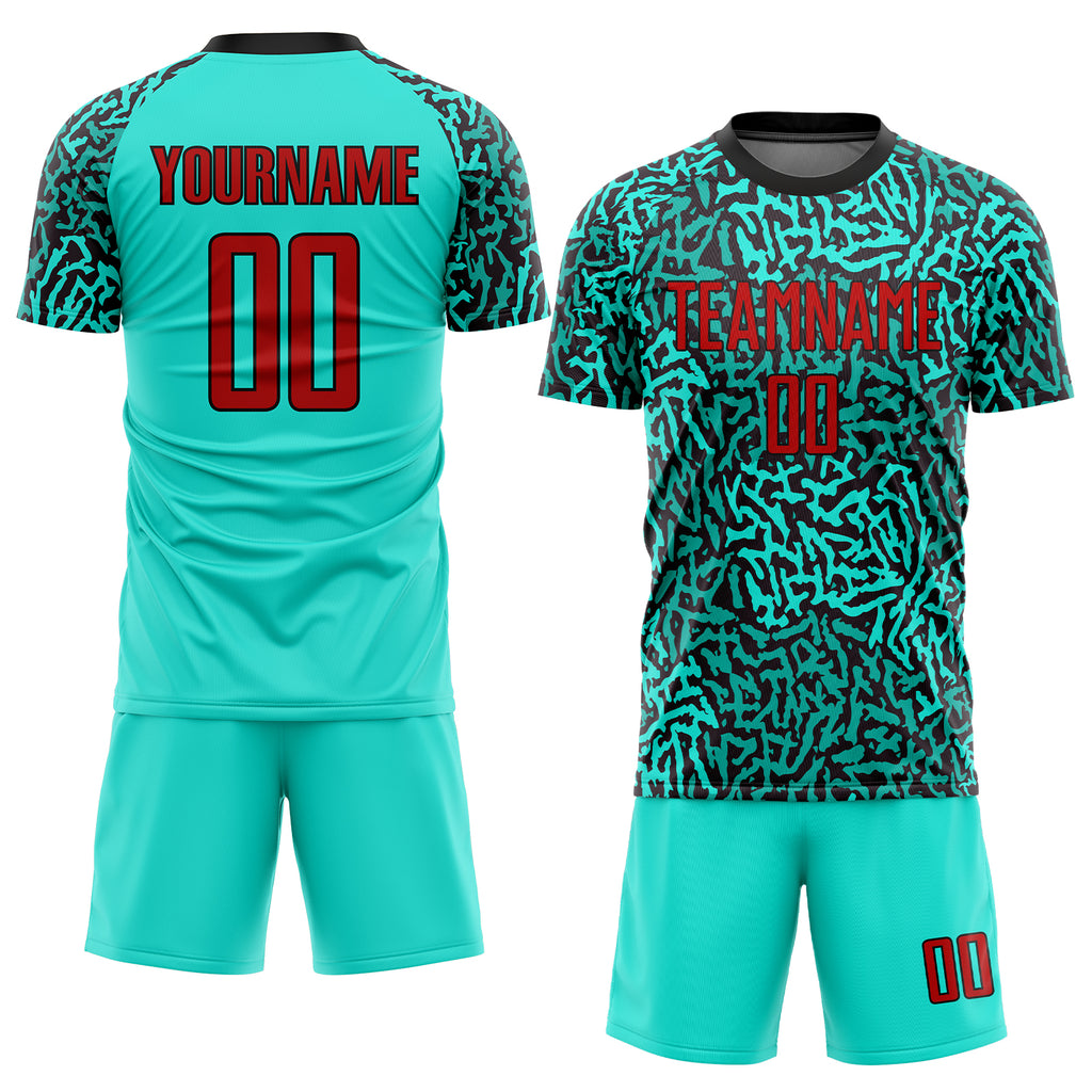 Custom aqua red-black sublimation soccer uniform jersey with free shipping3