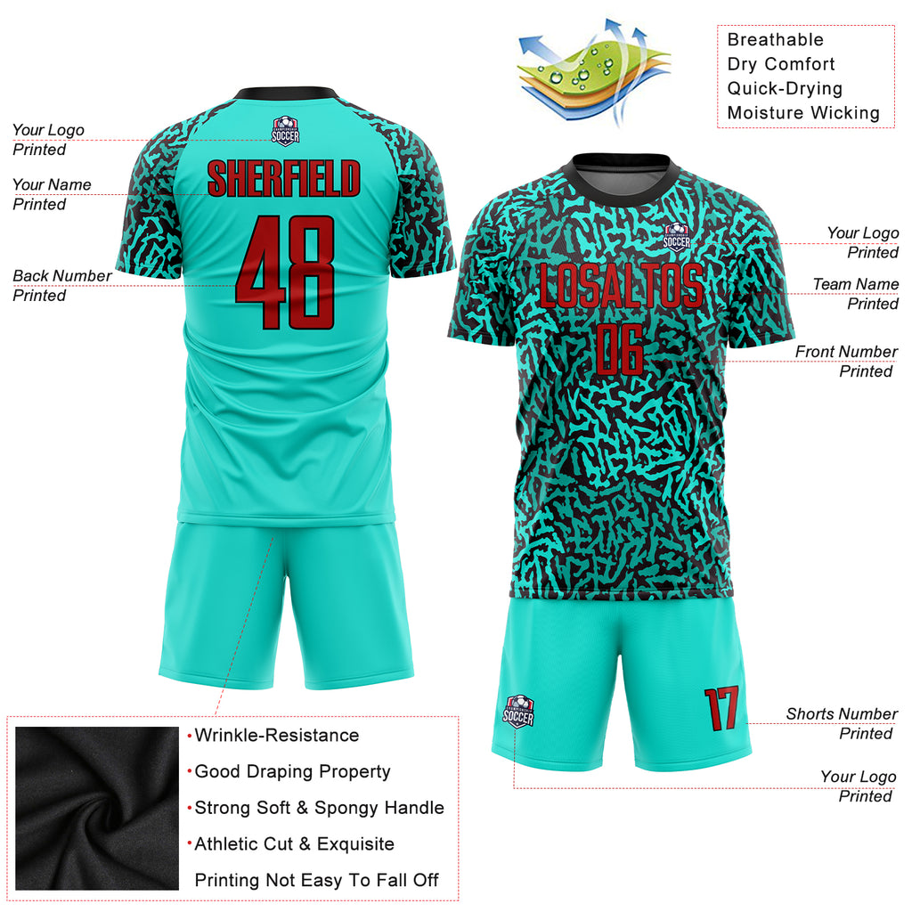 Custom aqua red-black sublimation soccer uniform jersey with free shipping1