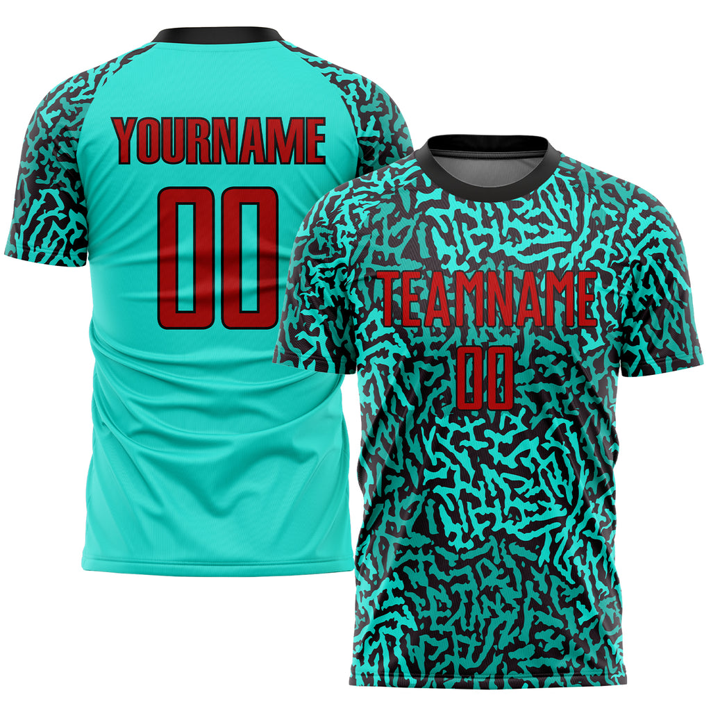 Custom aqua red-black sublimation soccer uniform jersey with free shipping2