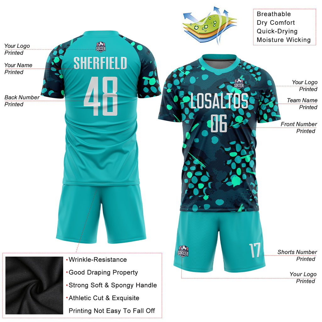 Custom aqua white-navy sublimation soccer uniform jersey with free shipping2