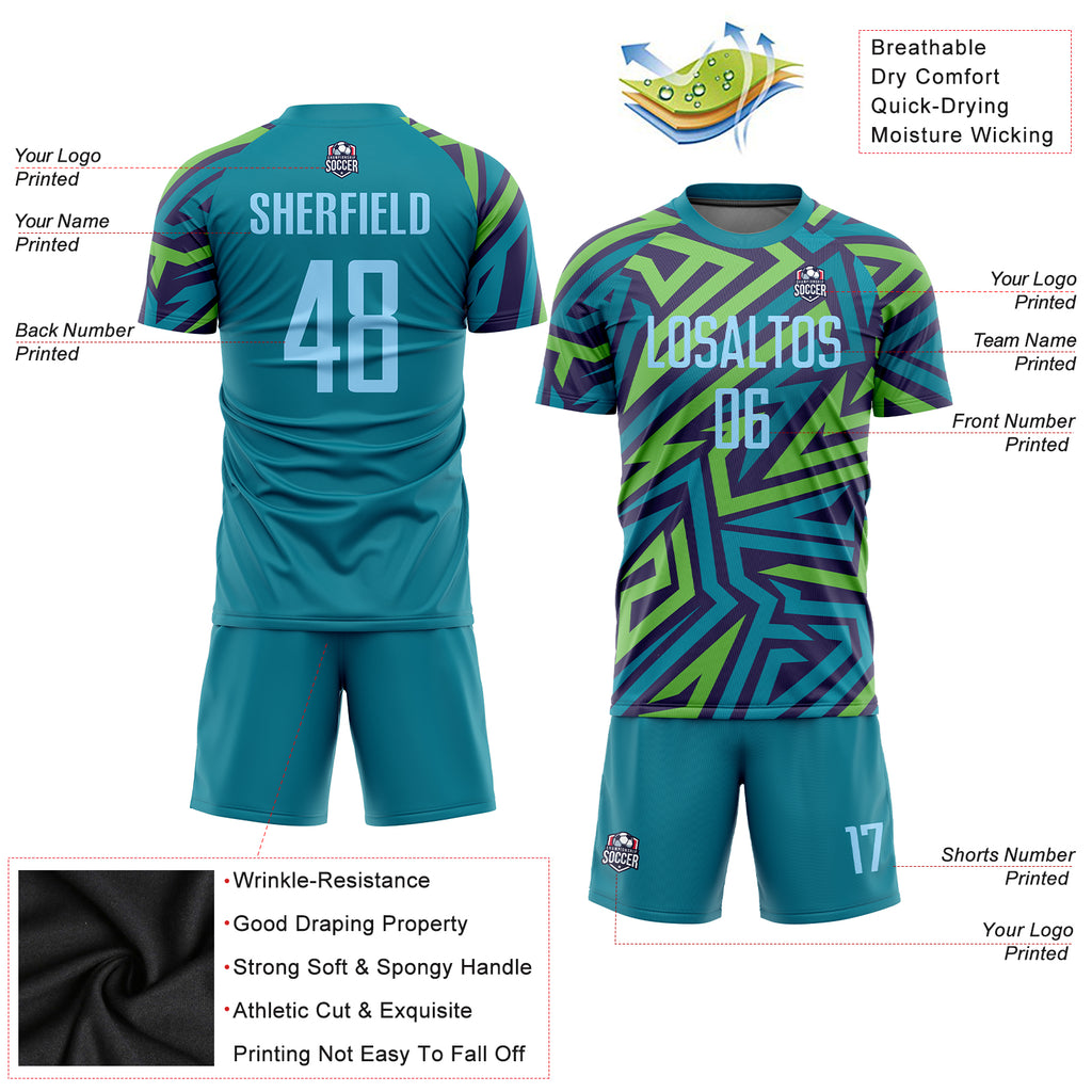 Custom Teal Light Blue-Kelly Green Sublimation Soccer Uniform Jersey