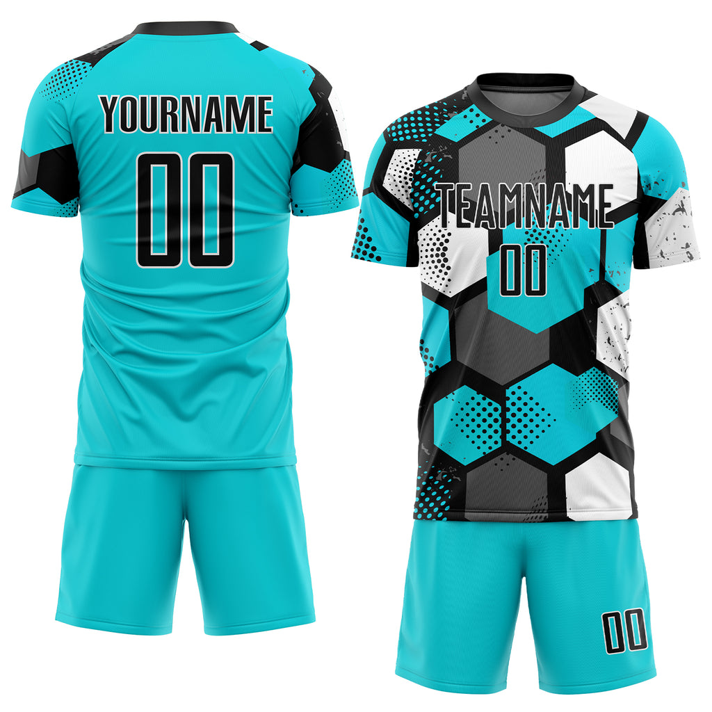 Custom aqua and black-white sublimation soccer uniform jersey with free shipping5